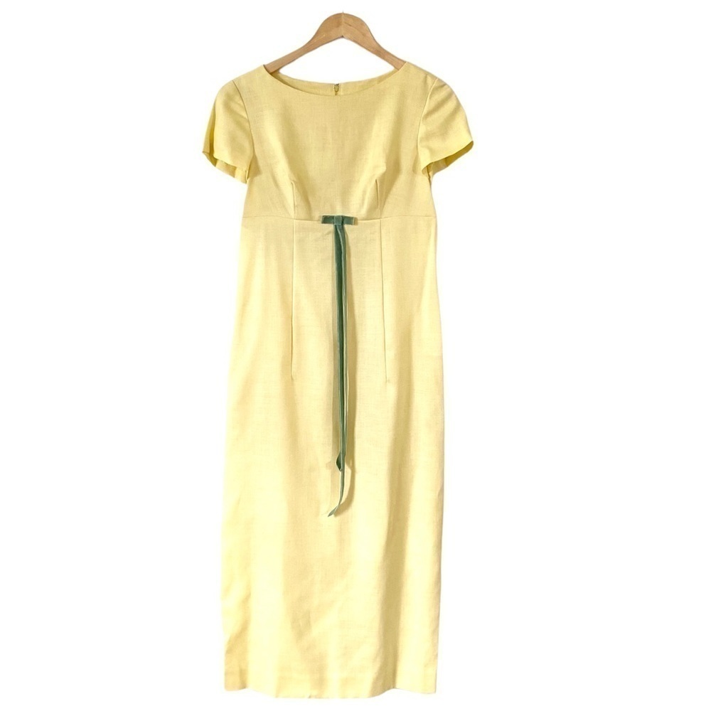 Vintage 60s Long Prom Dress Pale Yellow Maxi Retro Short‎ Sleeve Womens Small